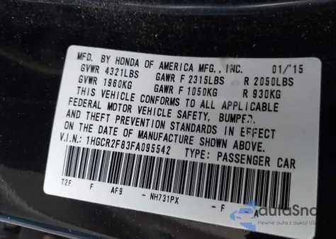 2015 Honda Accord Ex-L z USA, uszkodzony, nr VIN 1HGCR2F83FA095542